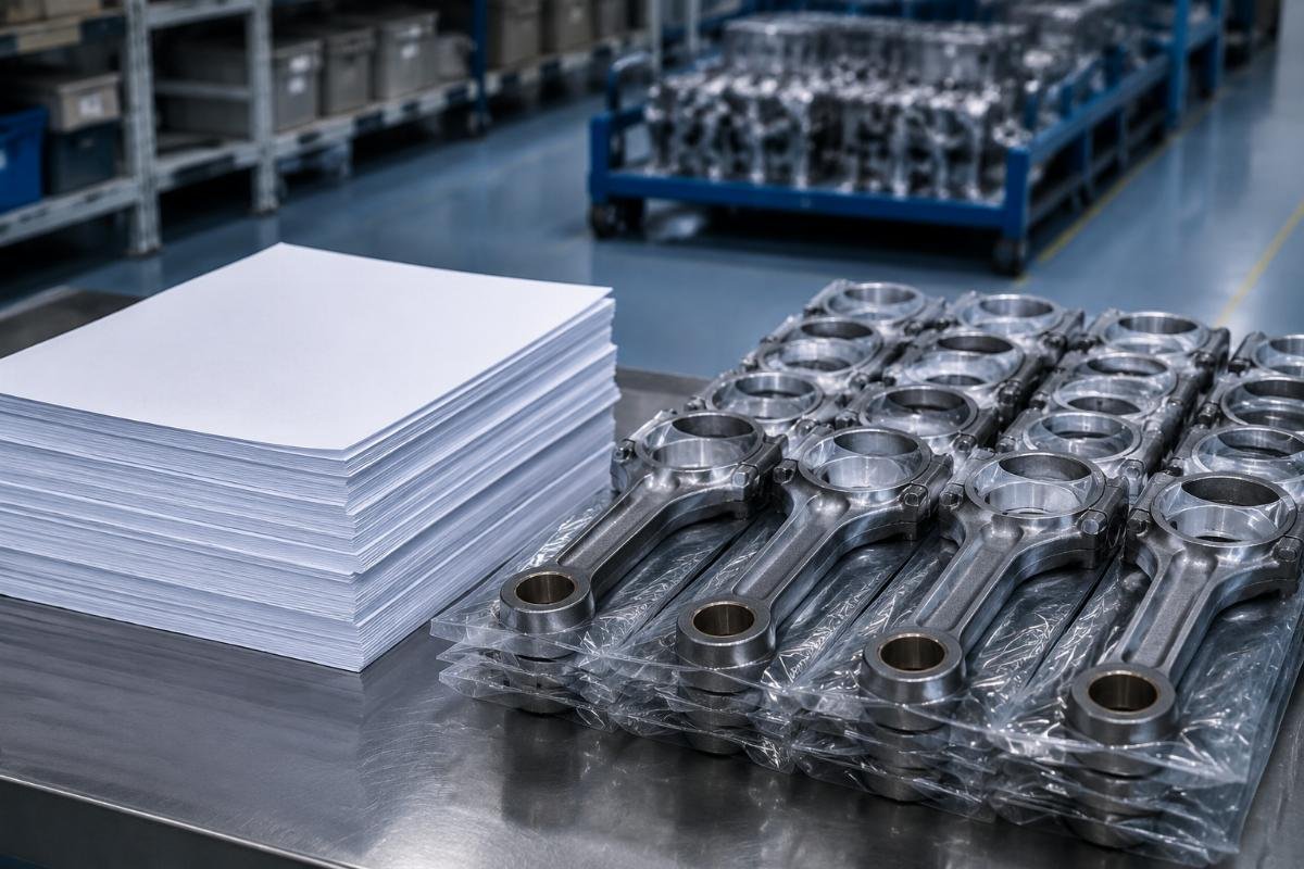 ISO certified aftermarket connecting rod inventory Stack of ISO certification documents next to a batch of packaged connecting rods