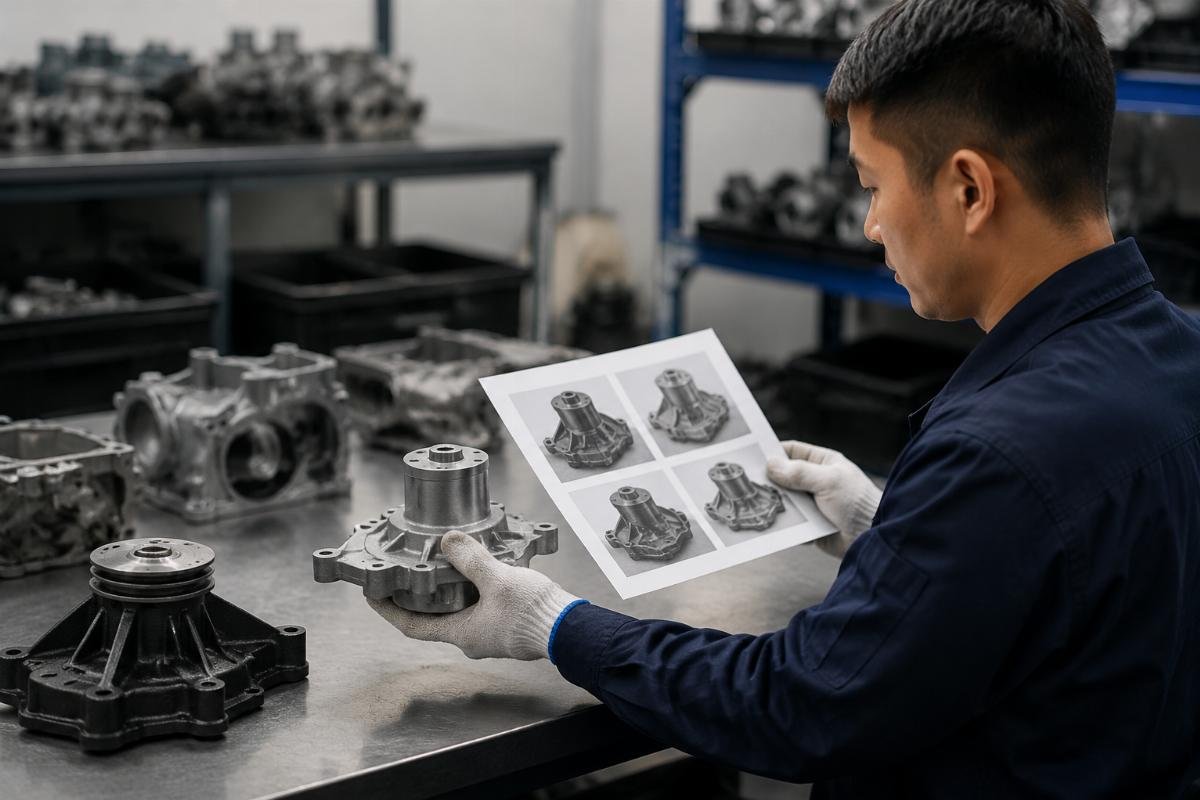 Kubota CAT Komatsu water pump part matching process A technician comparing a new aftermarket water pump against a part number reference sheet