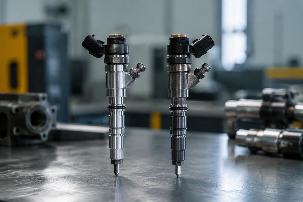 OEM vs aftermarket excavator fuel injector nozzle performance comparison Side by side comparison of OEM and aftermarket excavator fuel injector nozzles on a workbench