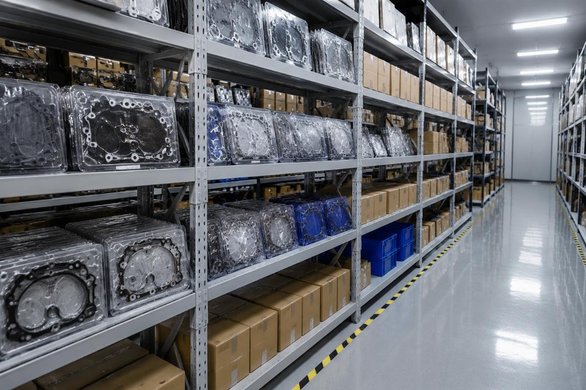 Organized excavator timing kit inventory storage in Guangzhou facility Rows of organized shelf storage holding packaged excavator timing kits in a climate-controlled warehouse facility