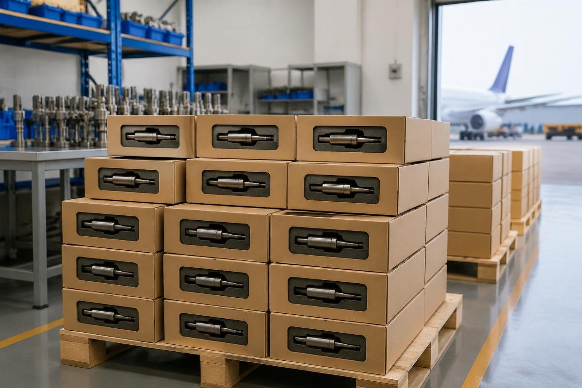 Packaged excavator injector nozzles for global delivery Stacked labeled boxes of excavator fuel injector nozzles ready for international air freight shipment
