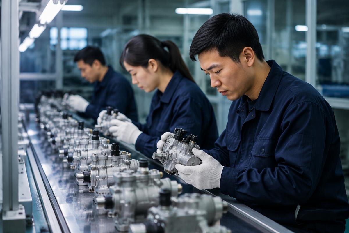 Quality control process for Chinese fuel injection pump suppliers A supplier quality control team inspecting fuel injection pump units on a production line