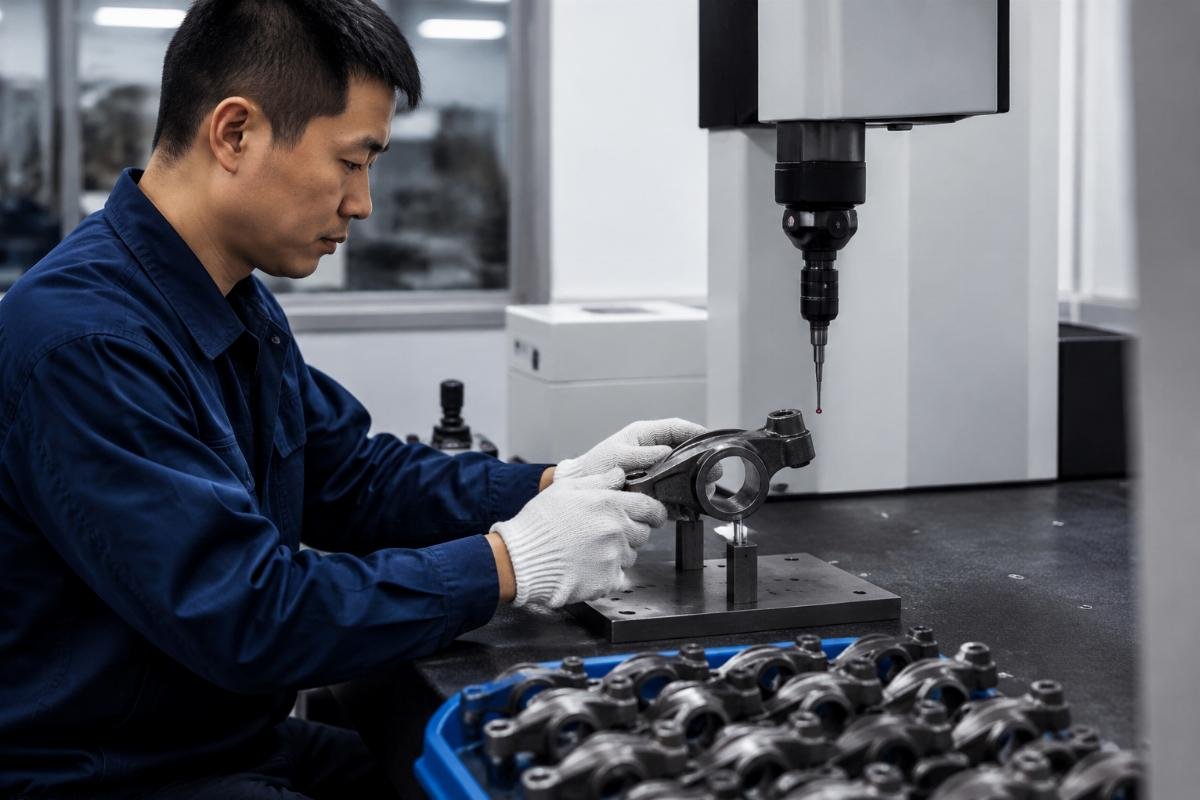 Quality control process for excavator valve train components A quality control inspector testing an excavator rocker arm for dimensional accuracy