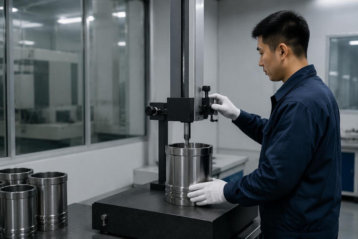 Quality testing process for certified excavator cylinder liners Certified cylinder liner quality testing station in a manufacturing facility