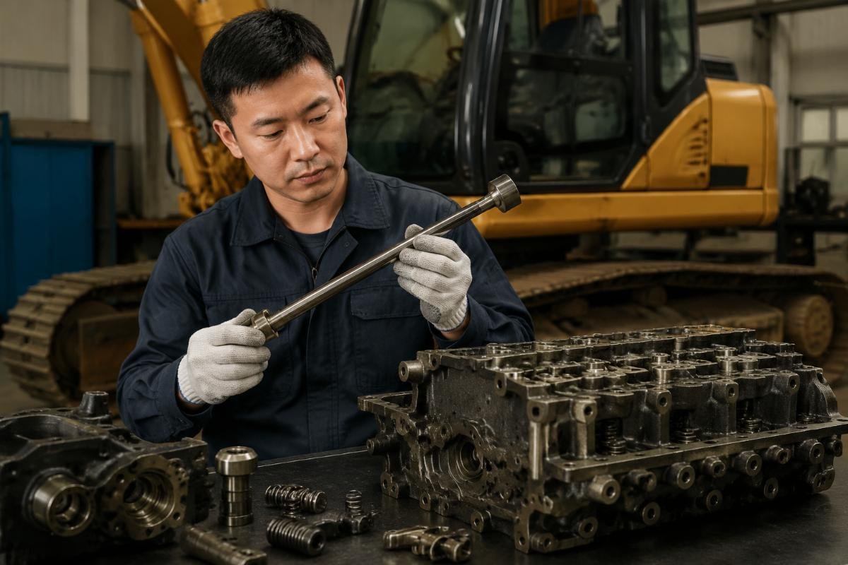 Single-unit excavator part for emergency repair needs A technician holding an excavator push rod next to a disassembled engine component