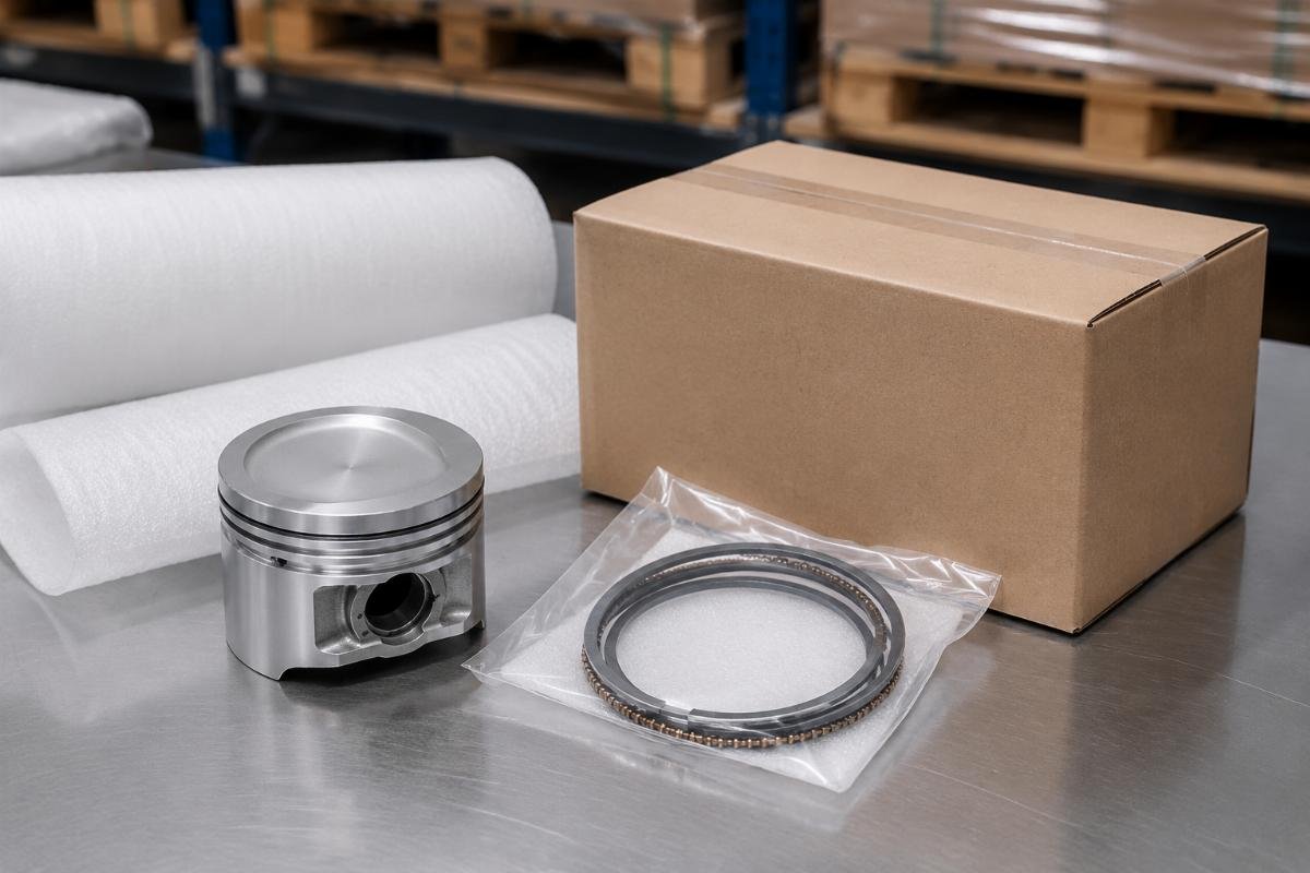 Single unit piston and ring kit ready for international shipment A single excavator piston and piston ring kit set packaged for express shipping