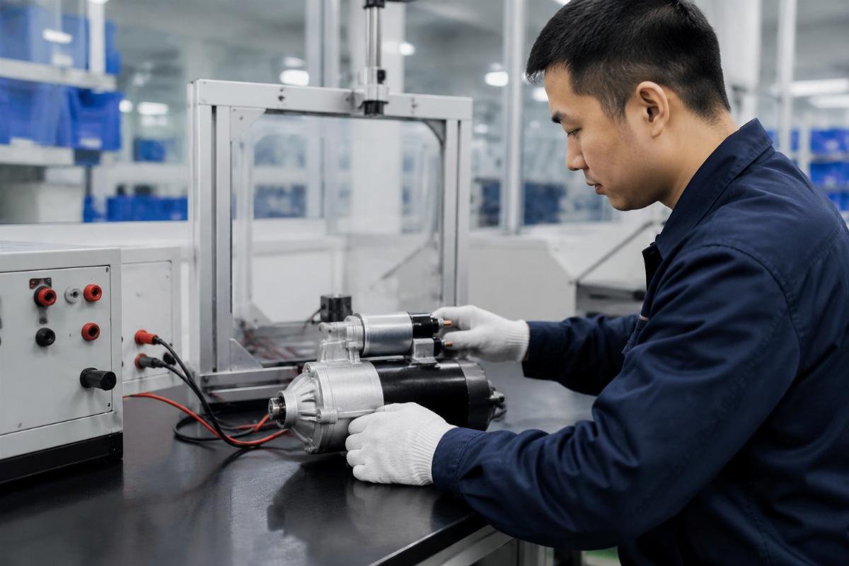 Starter motor quality testing process A quality control technician testing a 24V excavator starter motor on a workbench