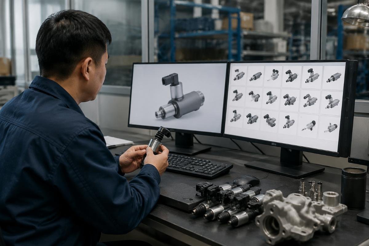 stop solenoid part number verification workflow A technical specialist cross-referencing excavator part numbers against a digital SKU library