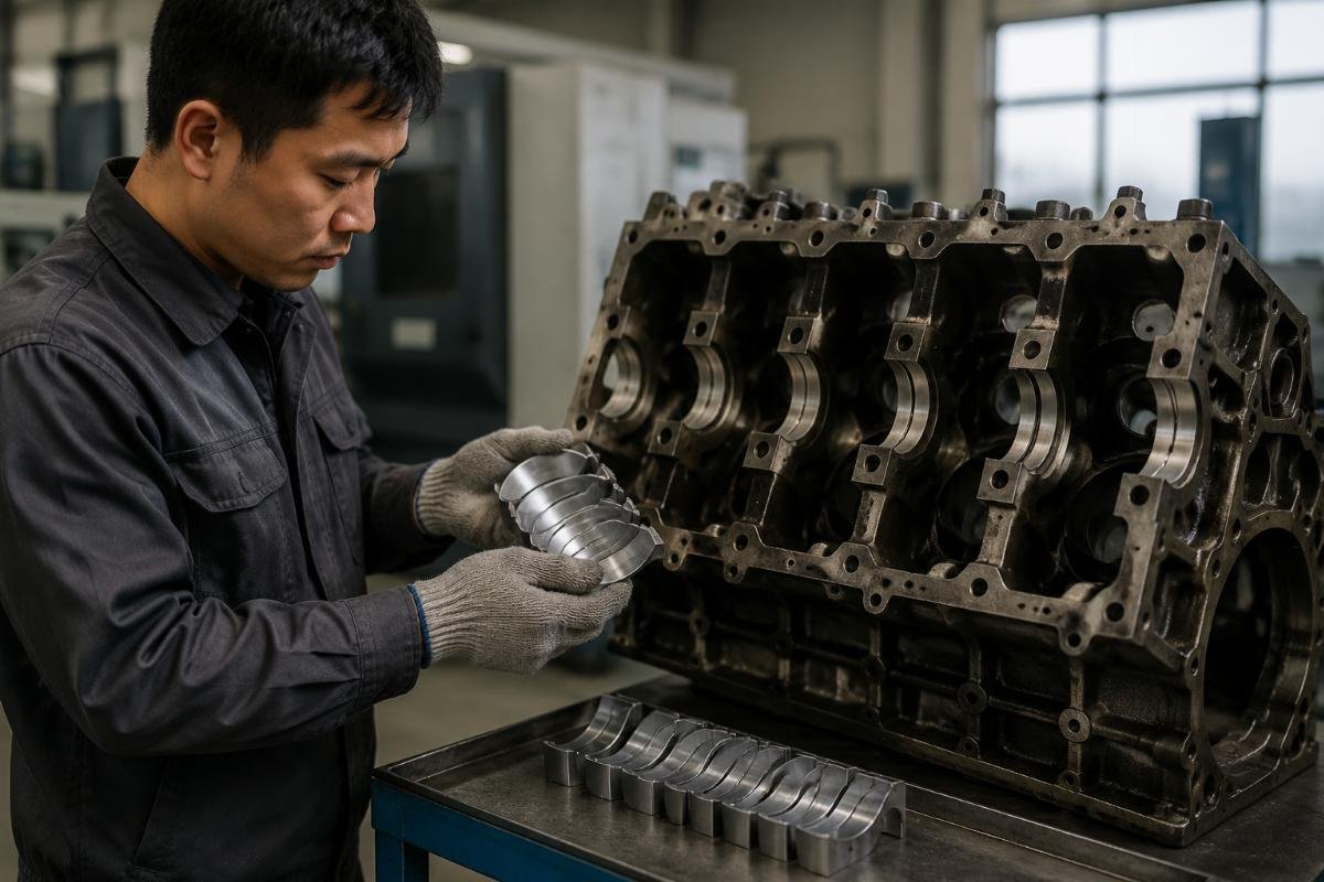 Technician verifying bearing set fit for excavator engine overhaul A technician holding a set of excavator main and con rod bearing sets next to a disassembled engine block