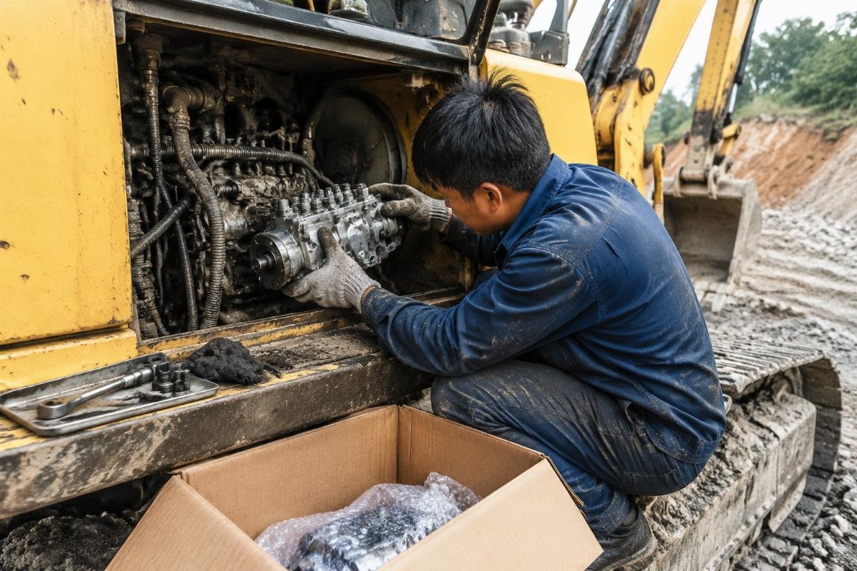 Urgent excavator repair with single-piece fuel injection pump delivery A repair technician installing a fuel injection pump into an excavator on a job site