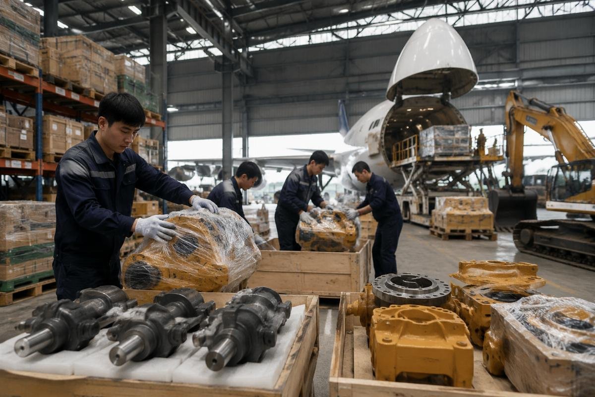 Urgent parts shipment processing at a Guangzhou supplier warehouse A logistics team processing an urgent air freight shipment of excavator parts at a Guangzhou warehouse