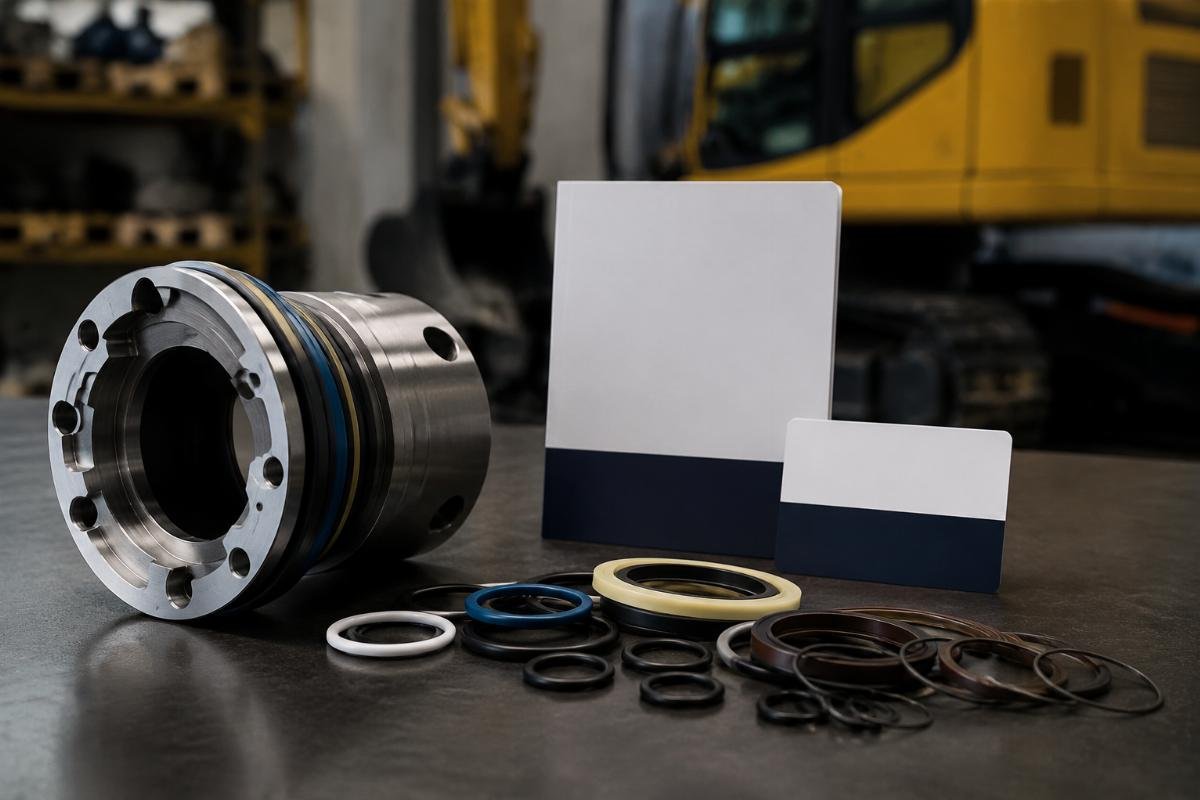 Warranty and support guarantees for excavator seal kits Warranty document and 24/7 support contact card next to a disassembled cylinder seal kit